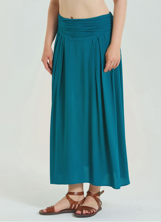 Elastic Waist Drape Detailed Petrol Plus Size Skirt 4601